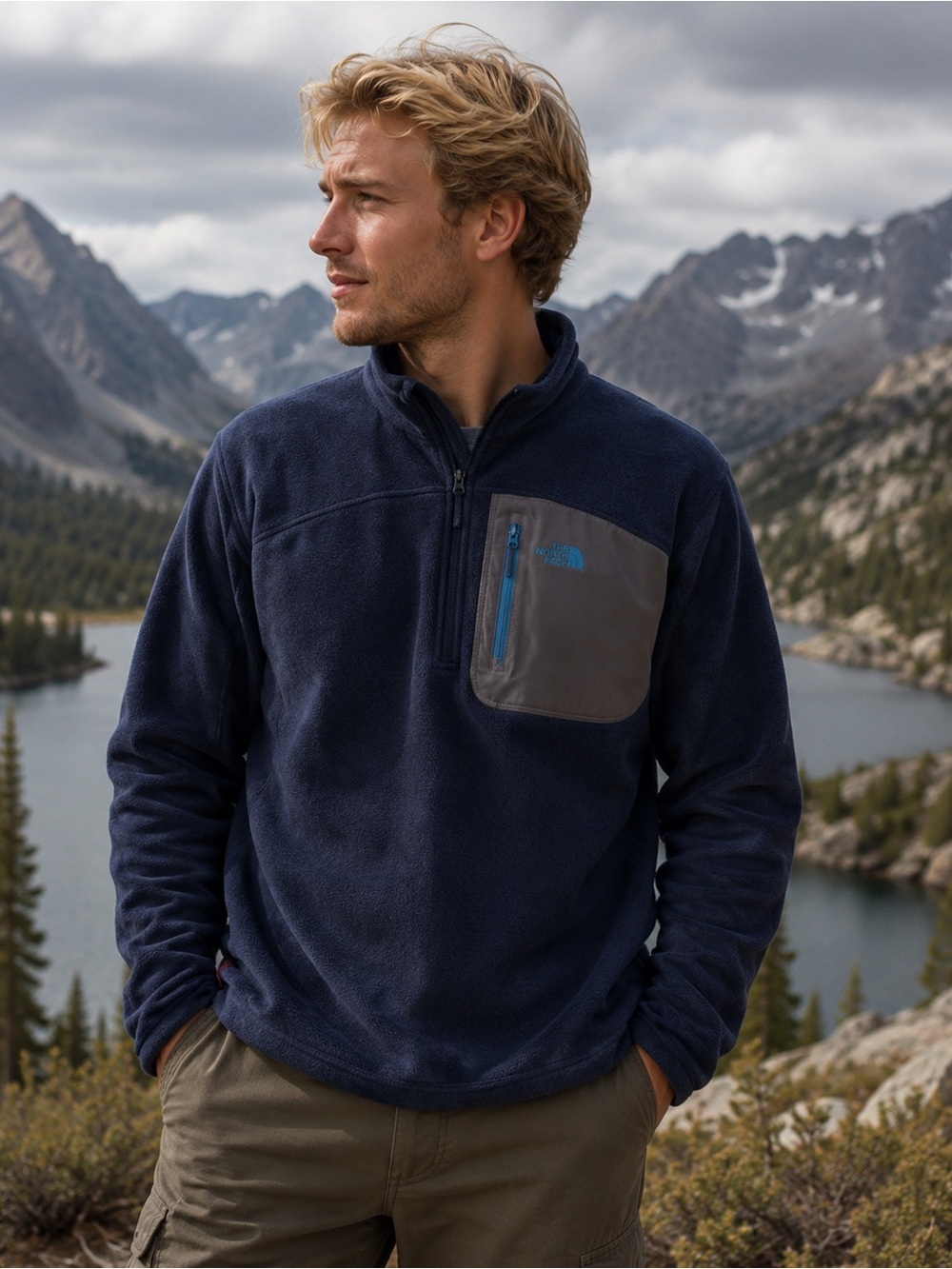 The North Face sz XL navy polartec fleece partial zip with zip pocket great cond